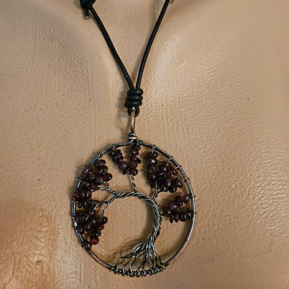 Garnet Tree of Life round Pendent on Black Leather Cord Adjustable - Picture 3 of 3